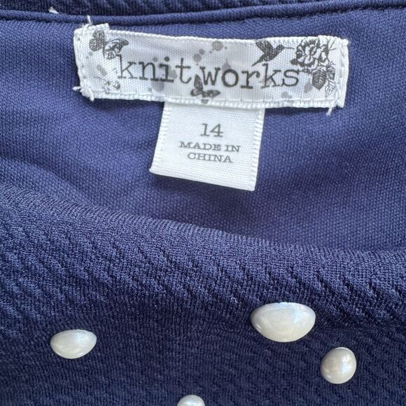 Knitworks Navy Floral Print Dress For Girls 14 or Women Size S with Pearls - Picture 3 of 14